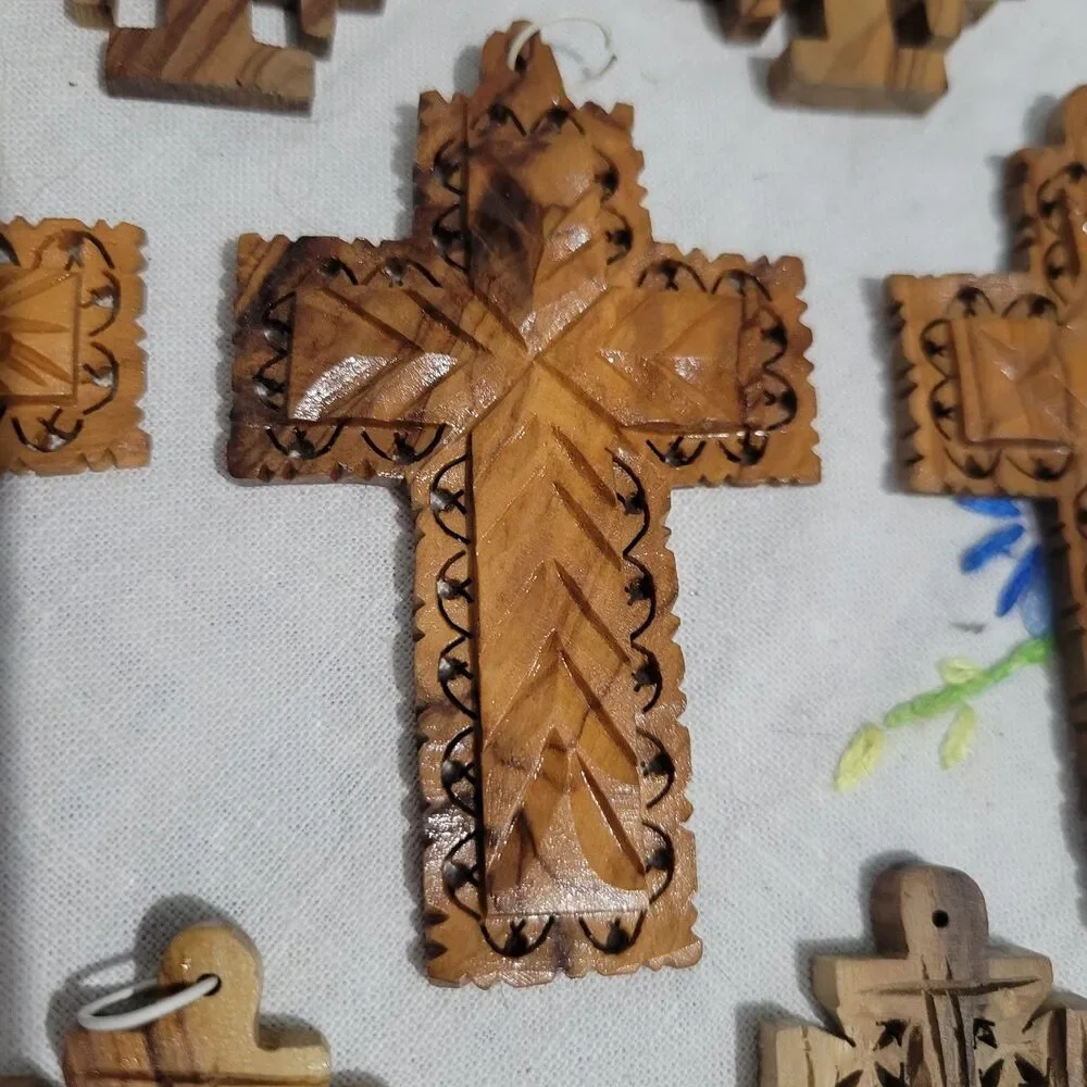 Lot of 8 Olive Wood Crosses pendants ornaments Jerusalem Bethlaham Holy Land
